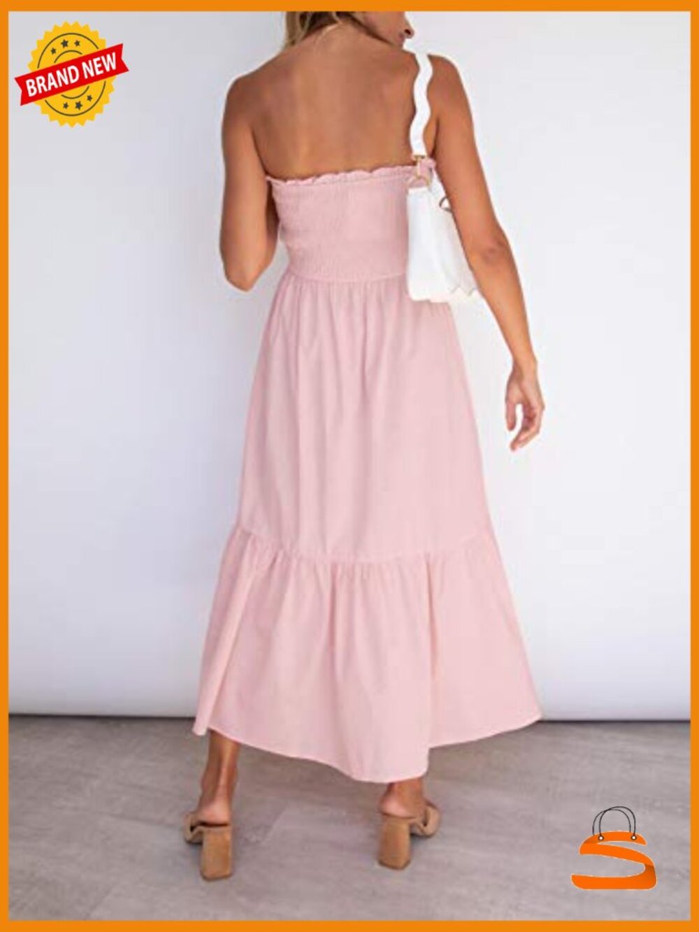 Strapless Smocked Maxi Dress with Ruffle Trim A-Line Summer Beach - Picture 6 of 7